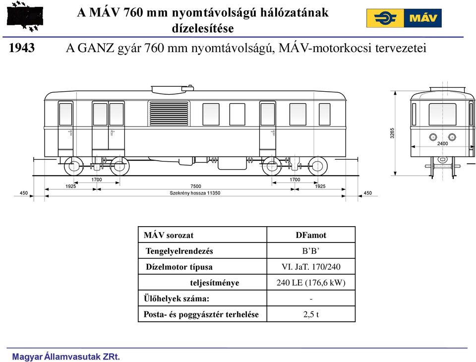 450 MÁV sorozat Tengelyelrendezés DFamot B B Dízelmotor típusa VI. JaT.