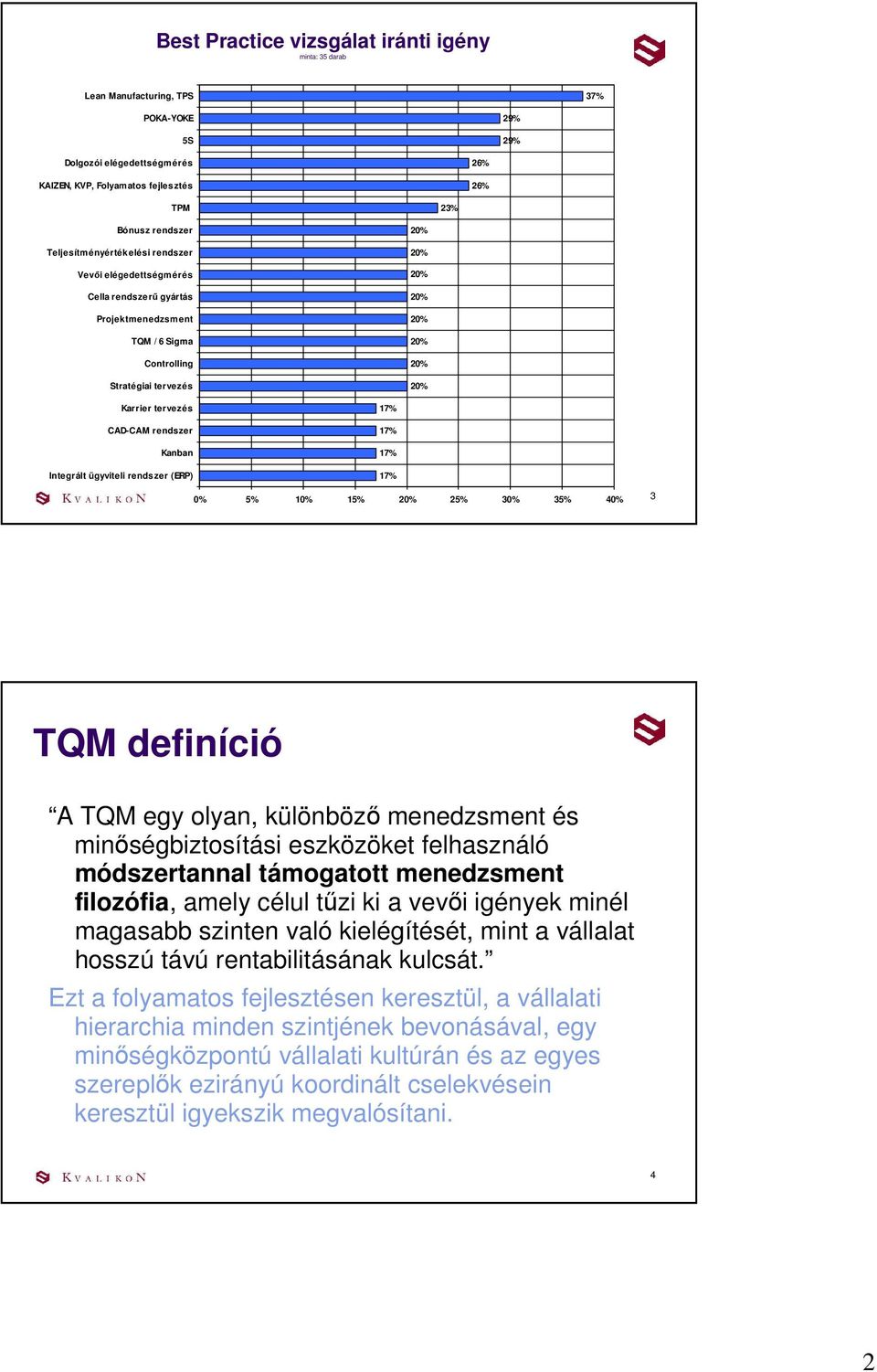ügyviteli rendszer (ERP) 17% 17% 17% 17% 0% 5% 10% 15% 25% 30% 35% 40% 3 TQM definíció A TQM egy olyan, különbözı menedzsment és minıségbiztosítási eszközöket felhasználó módszertannal támogatott