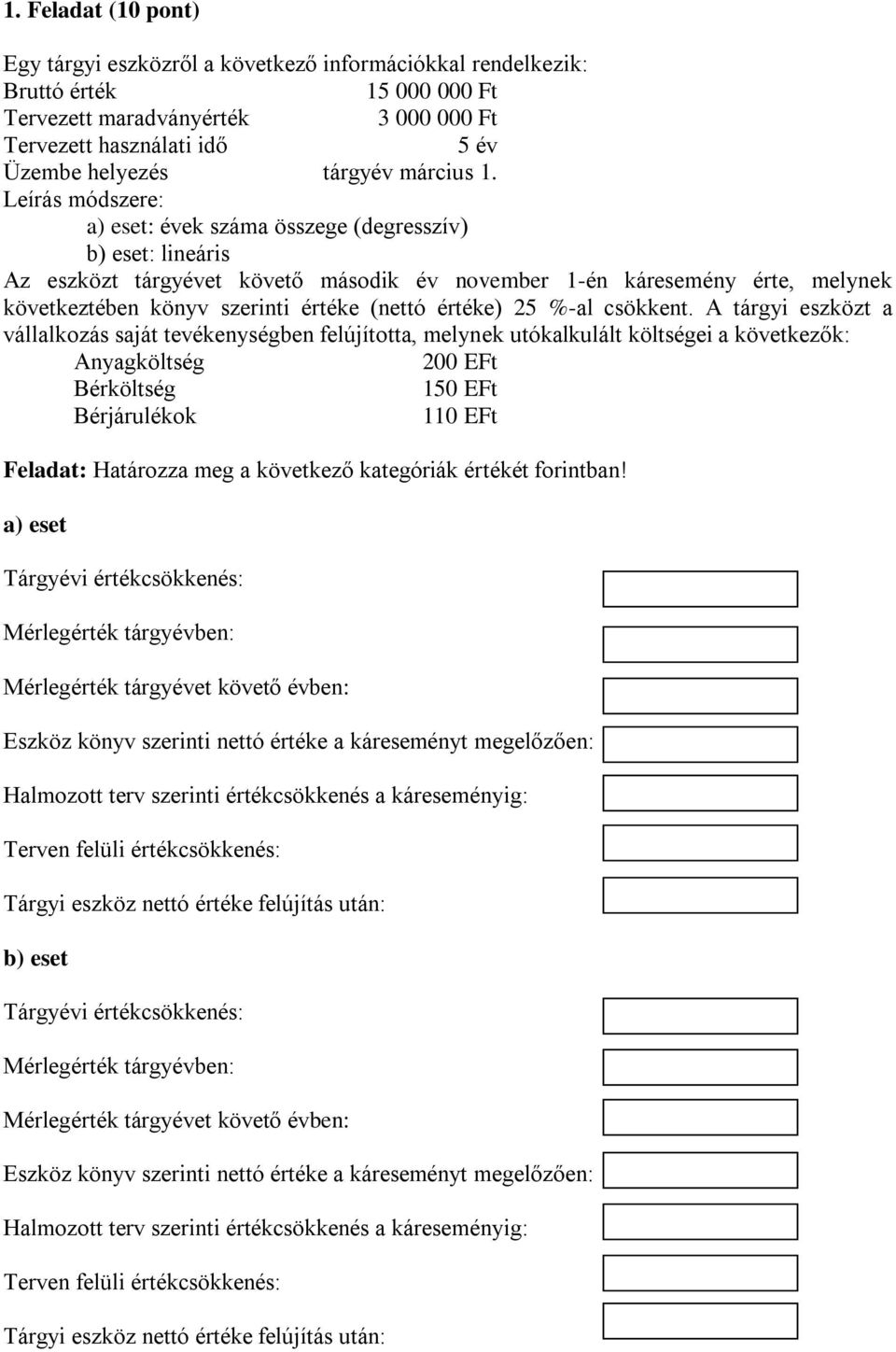 Leírás módszere: a) eset: évek száma összege (degresszív) b) eset: lineáris Az eszközt tárgyévet követő második év november 1-én káresemény érte, melynek következtében könyv szerinti értéke (nettó