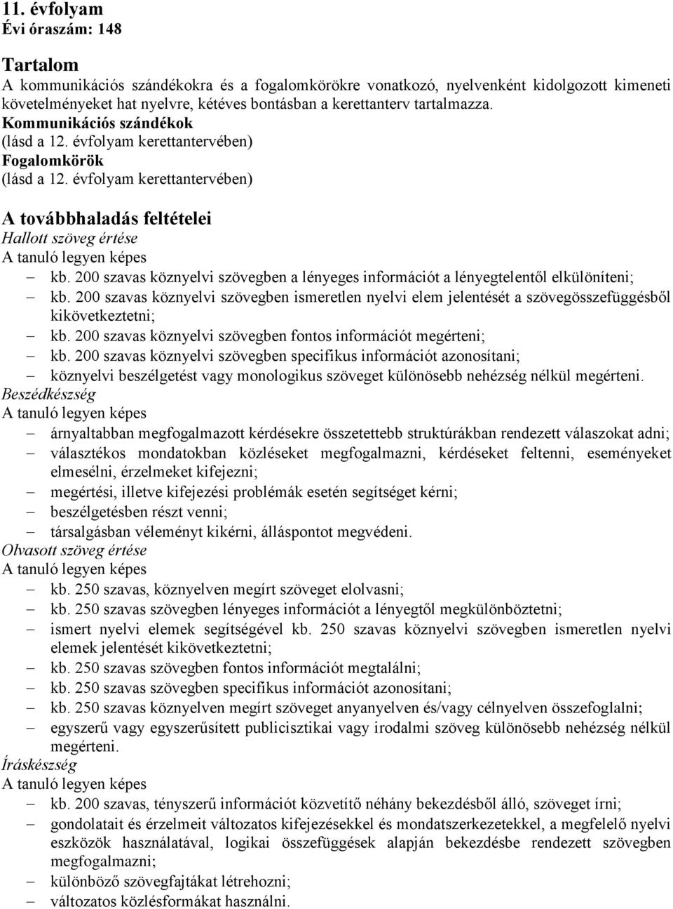 200 szavas köznyelvi szövegben a lényeges információt a lényegtelentől elkülöníteni; kb. 200 szavas köznyelvi szövegben ismeretlen nyelvi elem jelentését a szövegösszefüggésből kikövetkeztetni; kb.