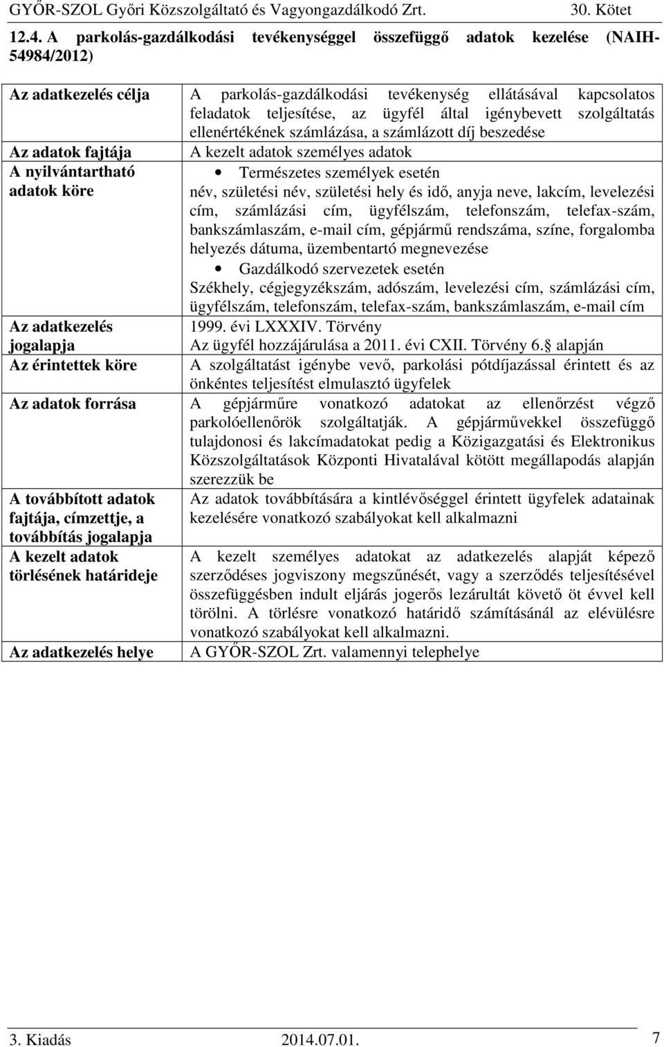 megnevezése 1999. évi LXXXIV. Törvény Az ügyfél hozzájárulása a 2011. évi CXII. Törvény 6.