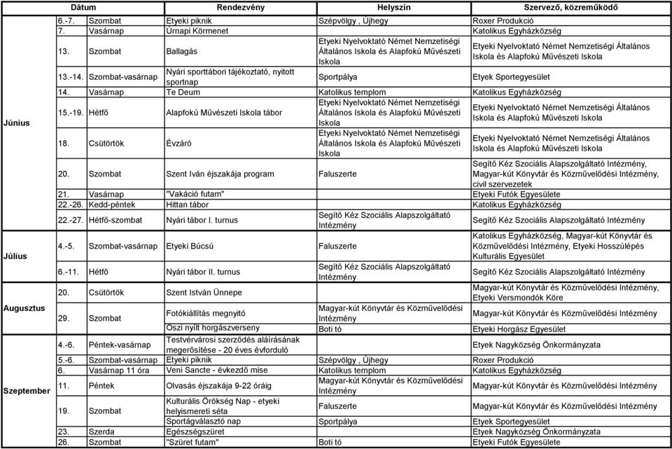 Vasárnap Te Deum Katolikus templom Katolikus Egyházközség 15.-19. Hétfő Alapfokú Művészeti tábor Általános és Alapfokú Művészeti 18. Csütörtök Évzáró 20.