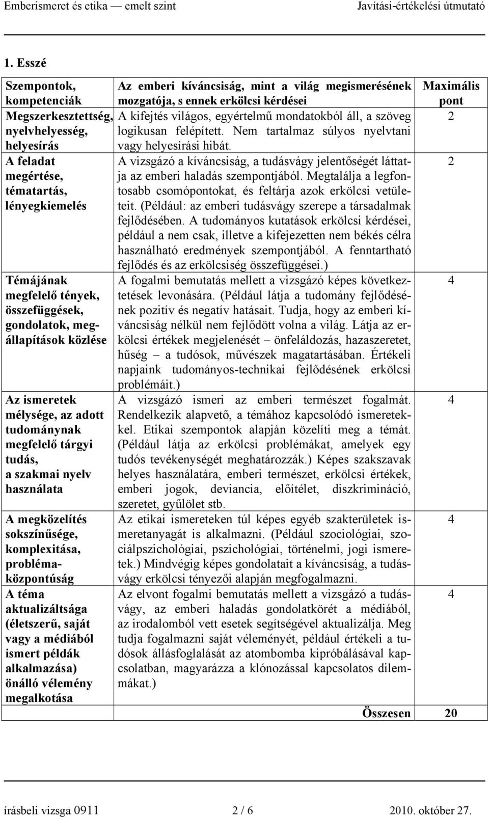 megismerésének mozgatója, s ennek erkölcsi kérdései A kifejtés világos, egyértelmű mondatokból áll, a szöveg logikusan felépített. Nem tartalmaz súlyos nyelvtani vagy i hibát.