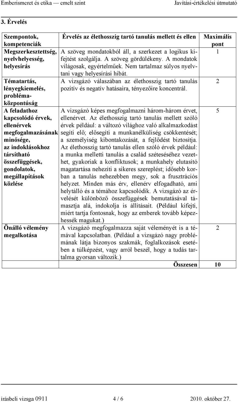 Nem tartalmaz súlyos nyelvtani vagy i hibát. A vizsgázó válaszában az élethosszig tartó tanulás pozitív és negatív hatásaira, tényezőire koncentrál.