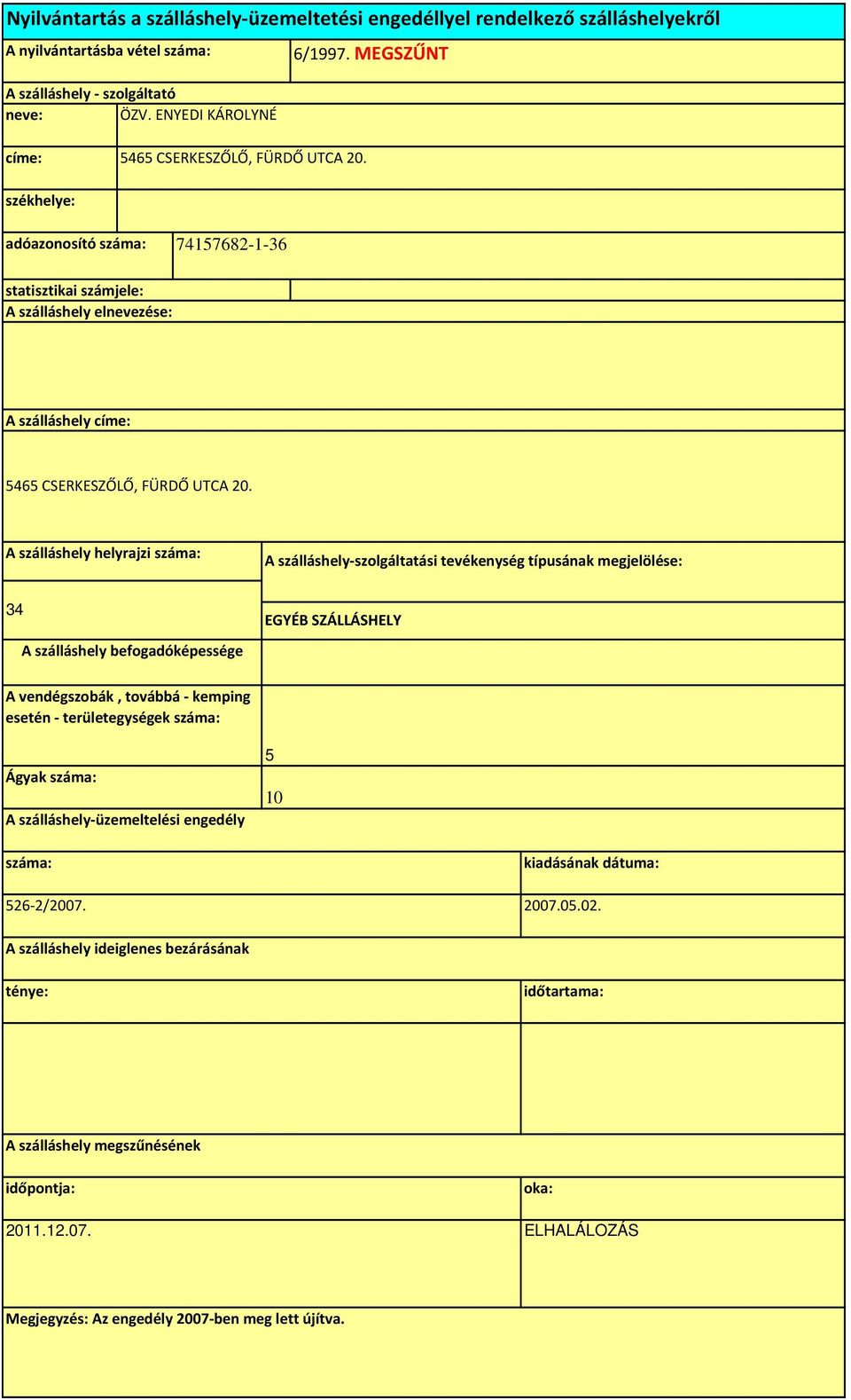 adóazonosító 7415768-1-36 statisztikai számjele: A szálláshely 5465
