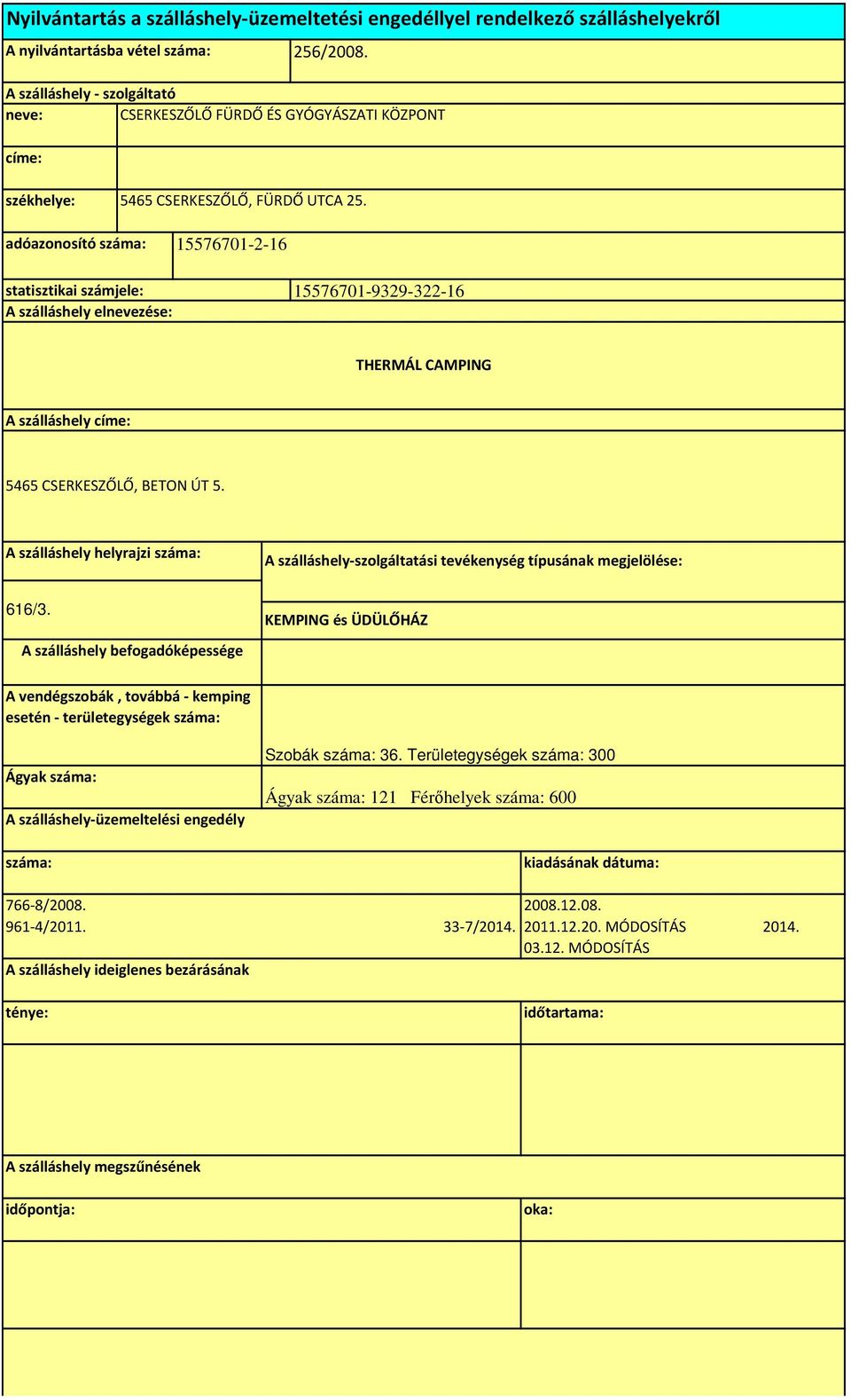 CSERKESZŐLŐ, BETON ÚT 5. A szálláshely helyrajzi 616/3. KEMPING és ÜDÜLŐHÁZ Szobák 36.