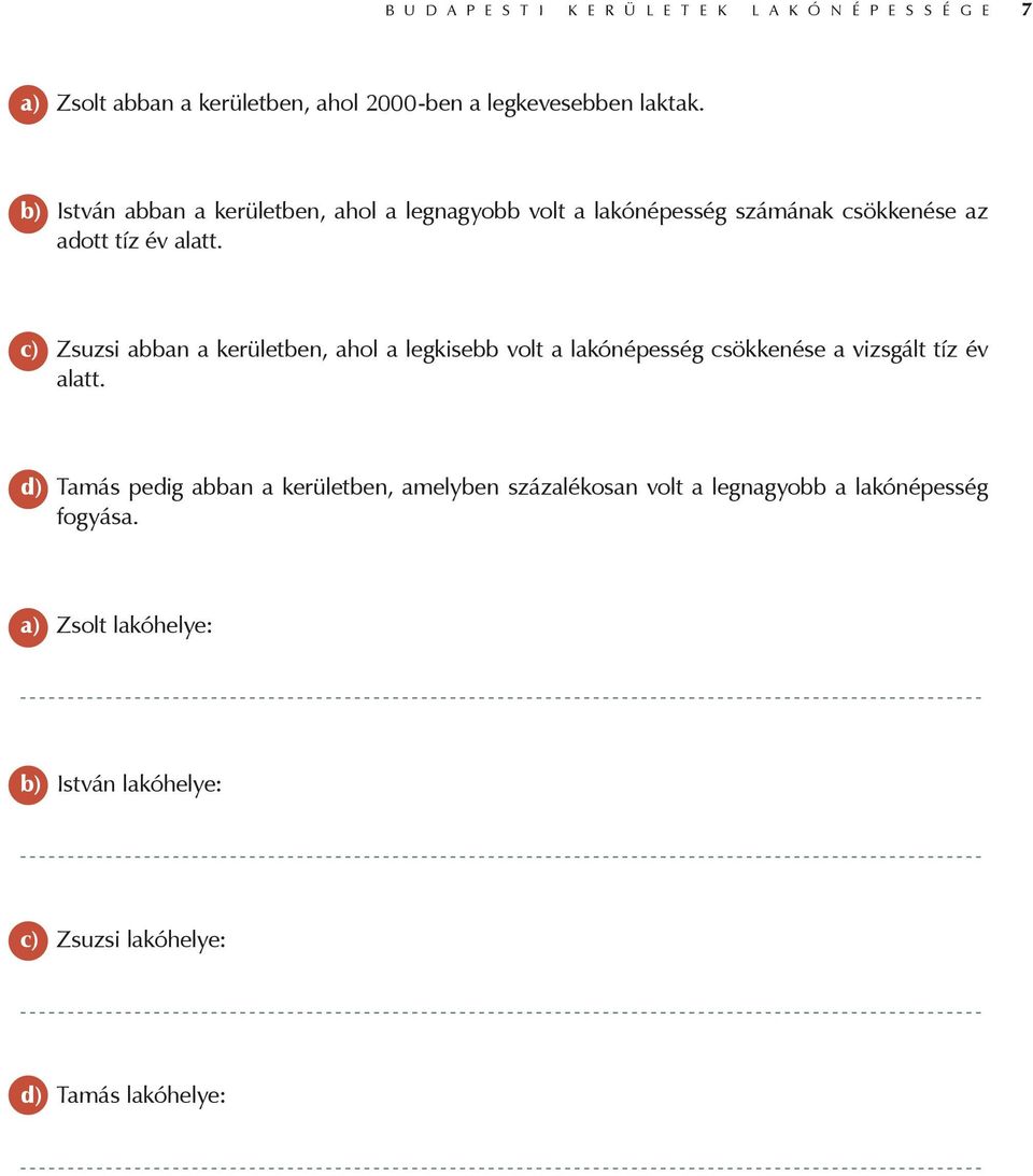c) Zsuzsi abban a kerületben, ahol a legkisebb volt a lakónépesség csökkenése a vizsgált tíz év alatt.