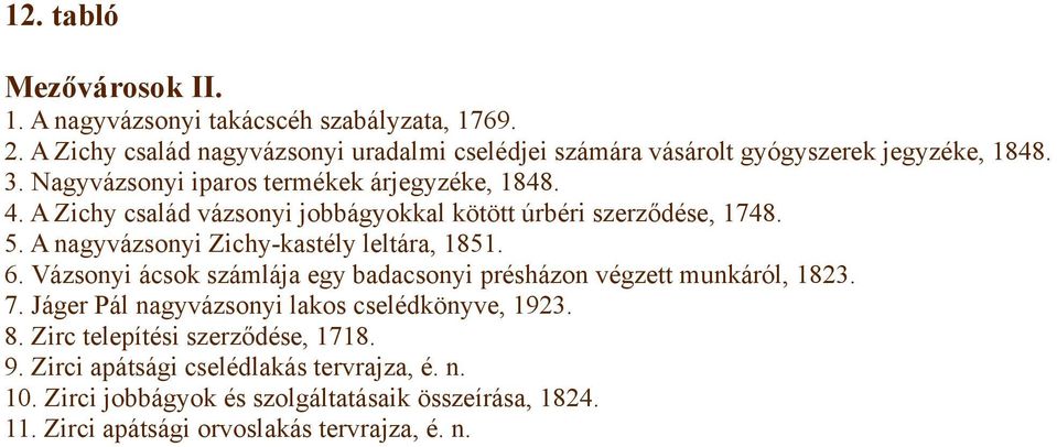 A Zichy család vázsonyi jobbágyokkal kötött úrbéri szerződése, 1748. 5. A nagyvázsonyi Zichy-kastély leltára, 1851. 6.