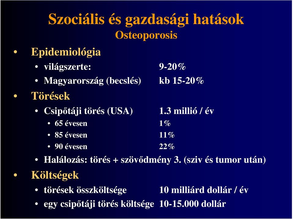 11% 90 évesen 22% 1.3 millió / év Halálozás: törés + szövıdmény 3.