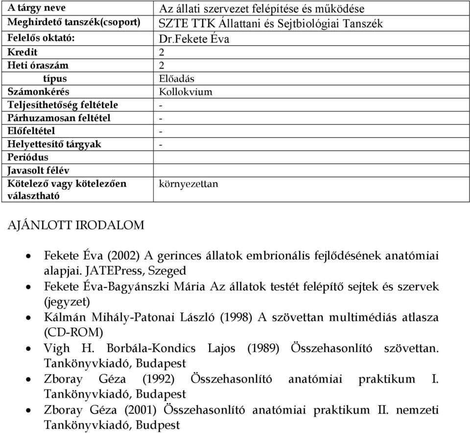 kötelezően környezettan választható AJÁNLOTT IRODALOM Fekete Éva (2002) A gerinces állatok embrionális fejlődésének anatómiai alapjai.