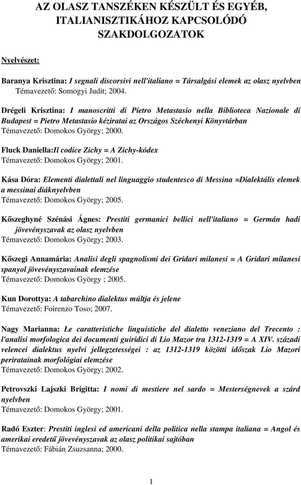 Drégeli Krisztina: I manoscritti di Pietro Metastasio nella Biblioteca Nazionale di Budapest = Pietro Metastasio kéziratai az Országos Széchenyi Könyvtárban Témavezető: Domokos György; 2000.