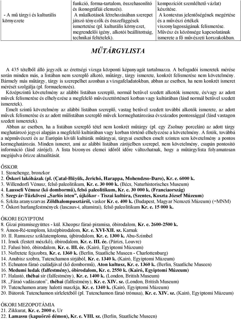 A kontextus jelentőségének megértése és a művészi értékek viszonylagosságának felismerése. Művész és közönsége kapcsolatának ismerete a fő művészeti korszakokban.