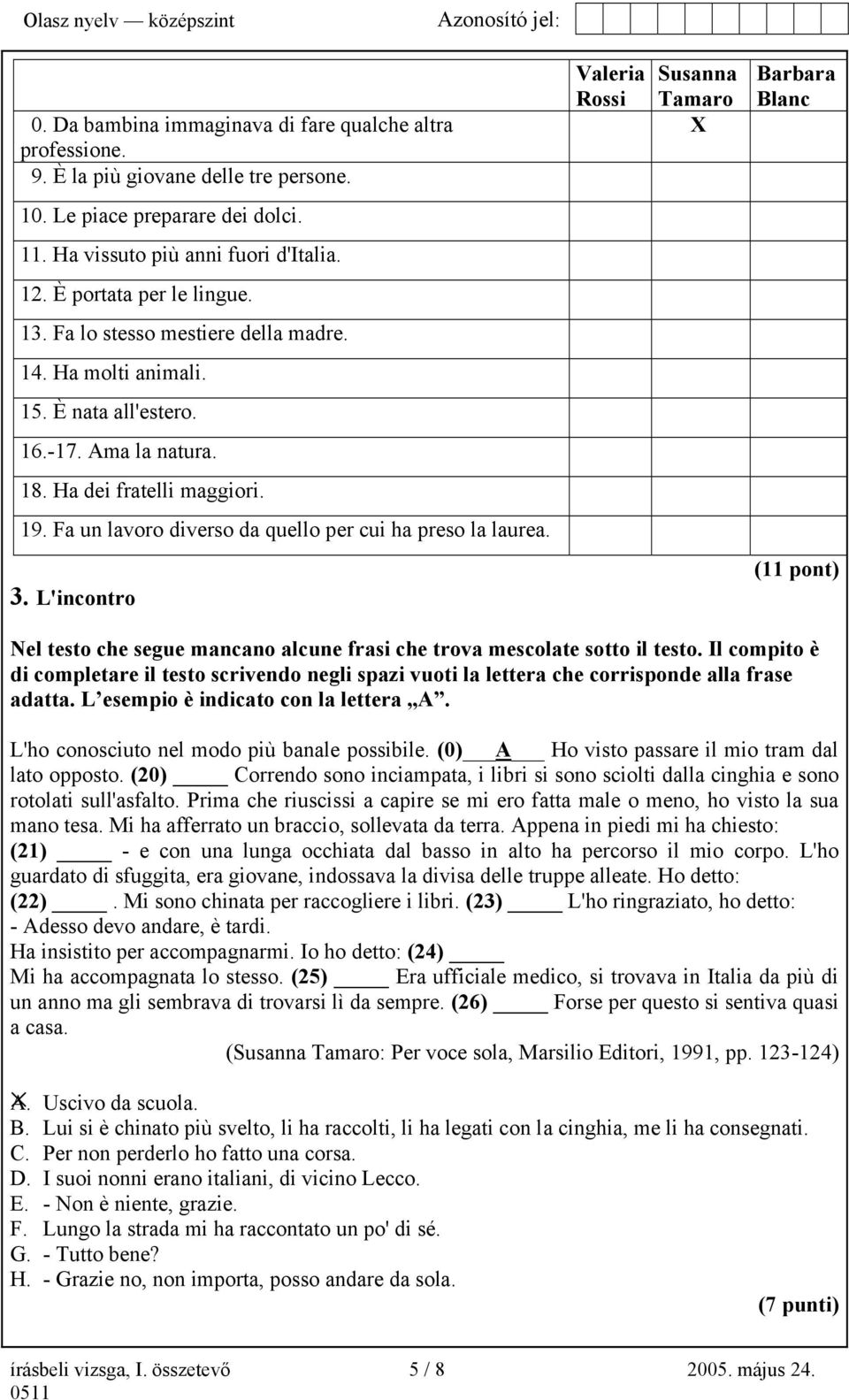 Ha dei fratelli maggiori. 19. Fa un lavoro diverso da quello per cui ha preso la laurea. 3. L'incontro (11 pont) Nel testo che segue mancano alcune frasi che trova mescolate sotto il testo.