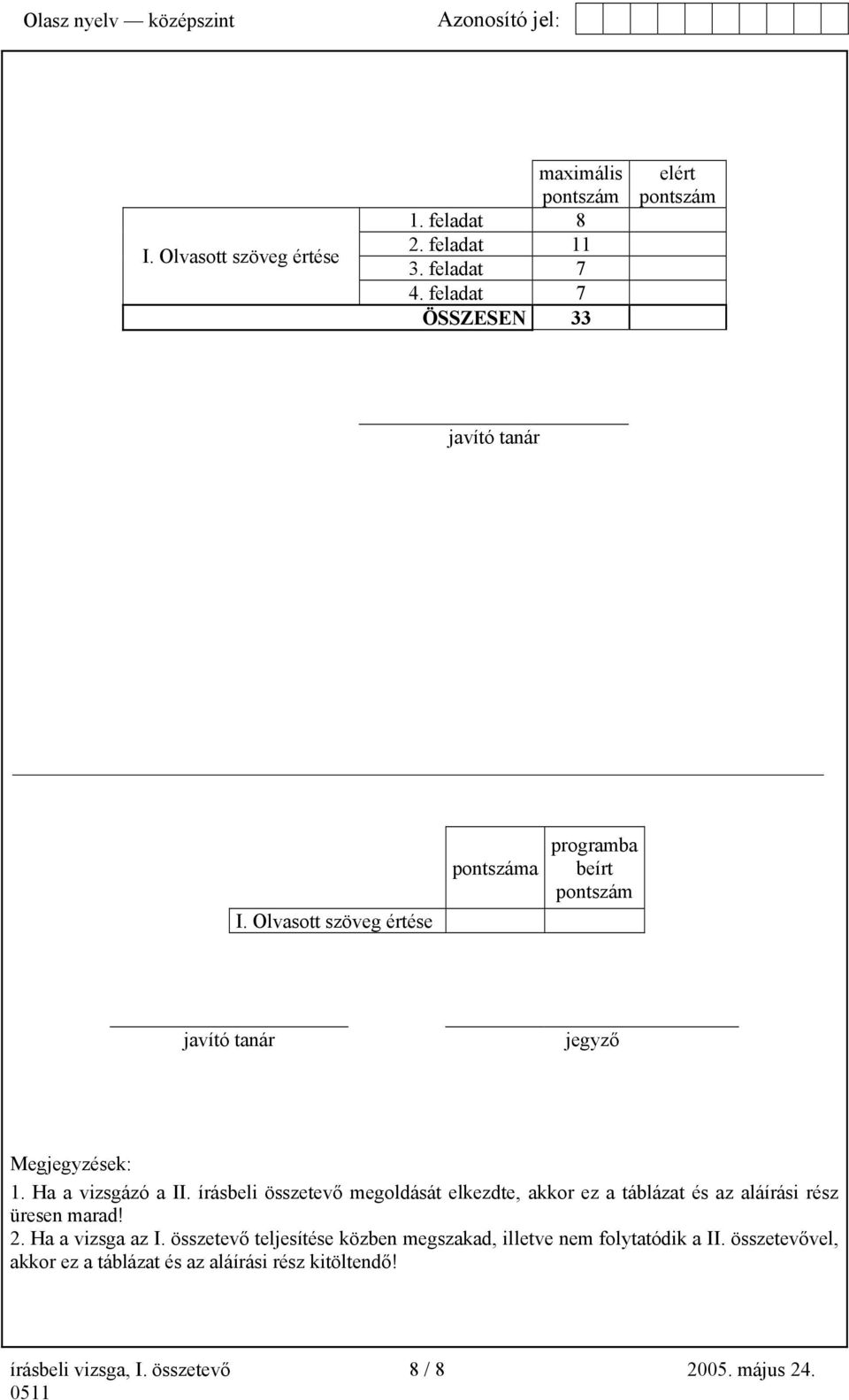 írásbeli összetevő megoldását elkezdte, akkor ez a táblázat és az aláírási rész üresen marad! 2. Ha a vizsga az I.