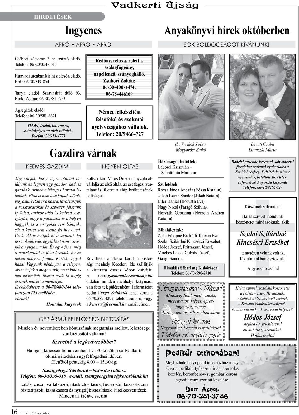 Zsubori Zoltán: 06-30-400-4474, 06-78-446169 Agregátok eladó! Telefon: 06-30/581-6621 Titkári, irodai, internetes, számítógépes munkát vállalok. Telefon: 20/959-4773 Kedves Gazdim!