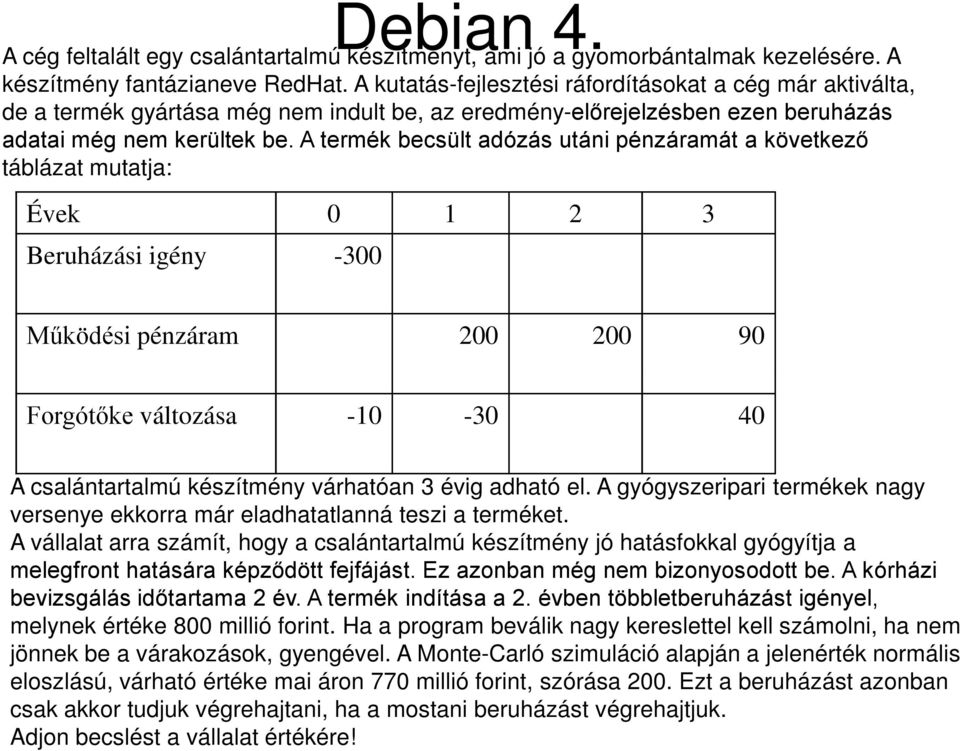 A termék becsült adózás utáni pénzáramát a következő táblázat mutatja: Évek 0 1 2 3 Beruházási igény -300 Működési pénzáram 200 200 90 Forgótőke változása -10-30 40 A csalántartalmú készítmény