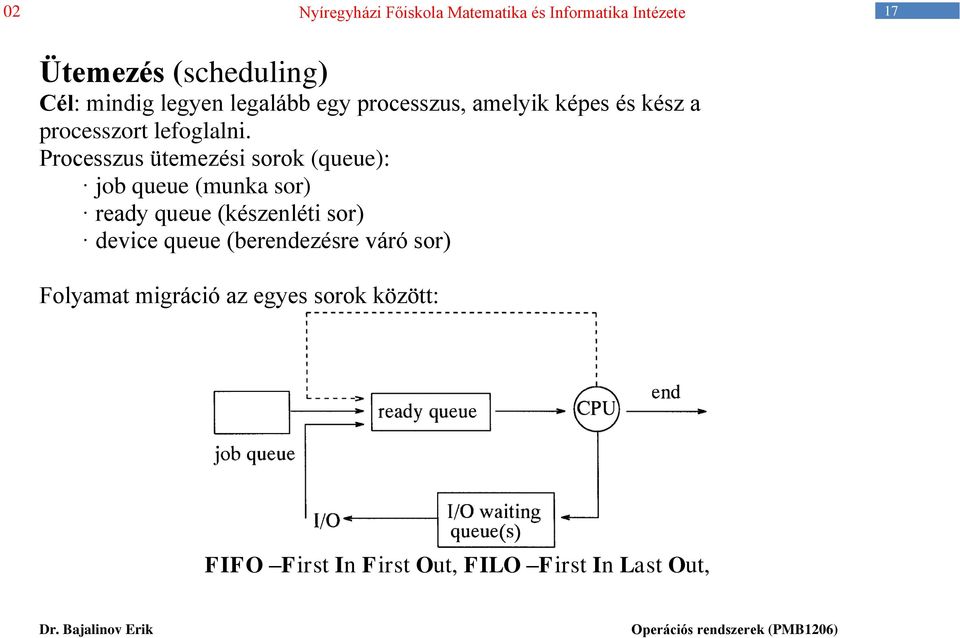 Processzus ütemezési sorok (queue): job queue (munka sor) ready queue (készenléti