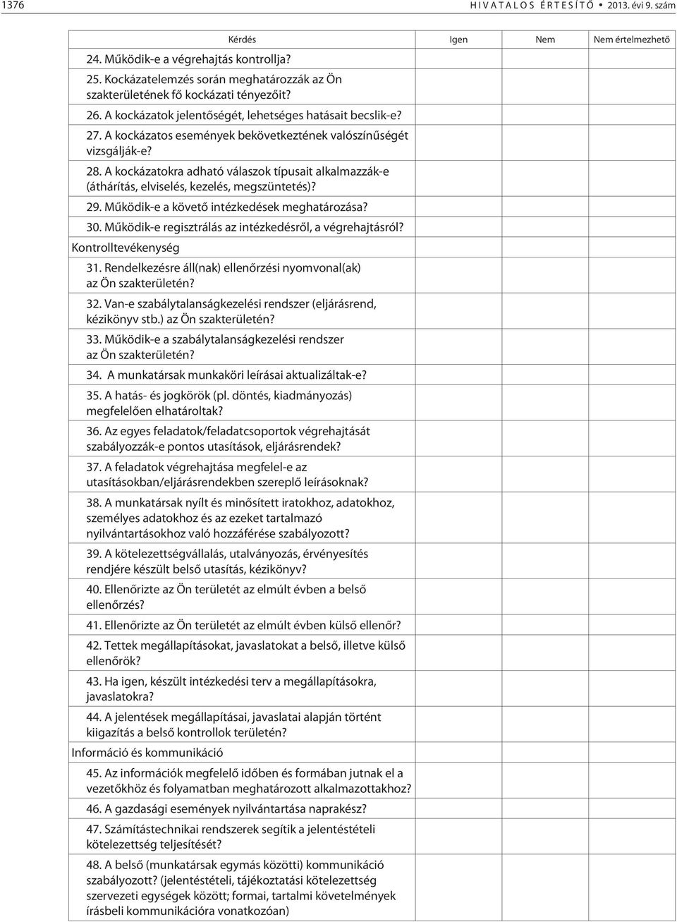 A kockázatokra adható válaszok típusait alkalmazzák-e (áthárítás, elviselés, kezelés, megszüntetés)? 29. Mûködik-e a követõ intézkedések meghatározása? 30.