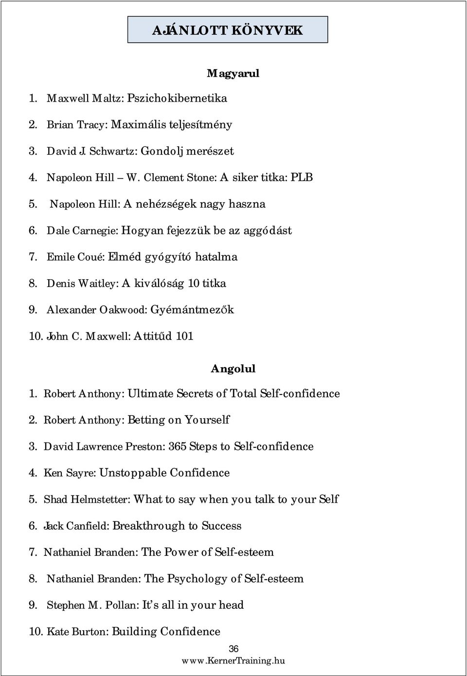 Alexander Oakwood: Gyémántmezk 10. John C. Maxwell: Attitd 101 Angolul 1. Robert Anthony: Ultimate Secrets of Total Self-confidence 2. Robert Anthony: Betting on Yourself 3.