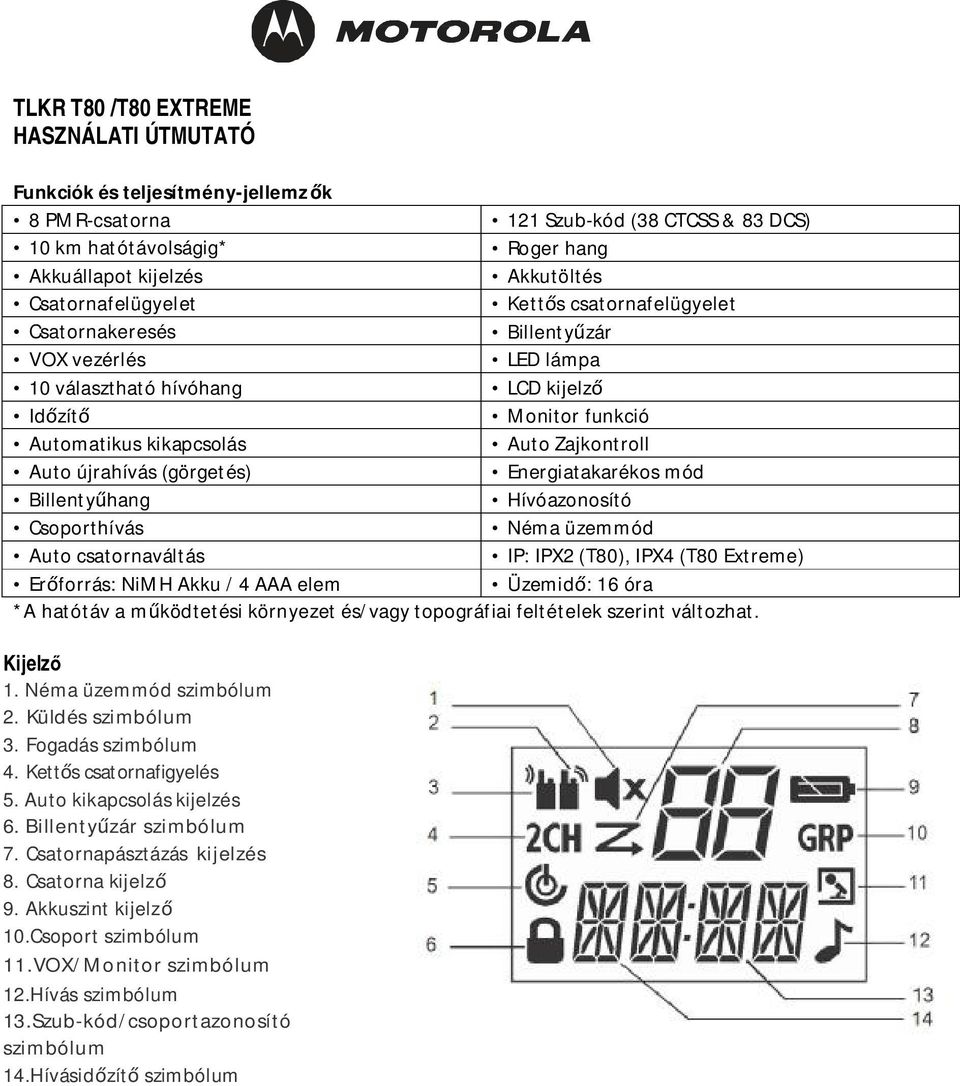 Auto újrahívás (görgetés) Energiatakarékos mód Billentyűhang Hívóazonosító Csoporthívás Néma üzemmód Auto csatornaváltás IP: IPX2 (T80), IPX4 (T80 Extreme) Erőforrás: NiMH Akku / 4 AAA elem Üzemidő: