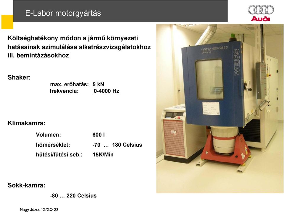 erőhatás: 5 kn frekvencia: 0-4000 Hz Klimakamra: Volumen: hőmérséklet: