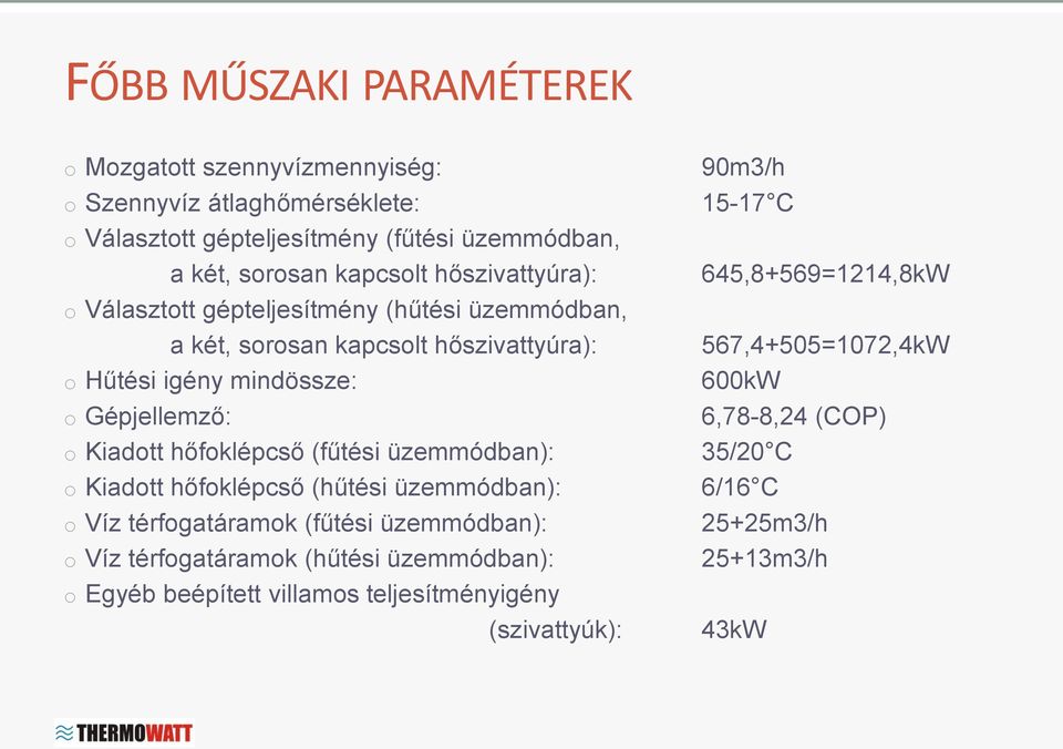 hőfoklépcső (fűtési üzemmódban): o Kiadott hőfoklépcső (hűtési üzemmódban): o Víz térfogatáramok (fűtési üzemmódban): o Víz térfogatáramok (hűtési üzemmódban): o