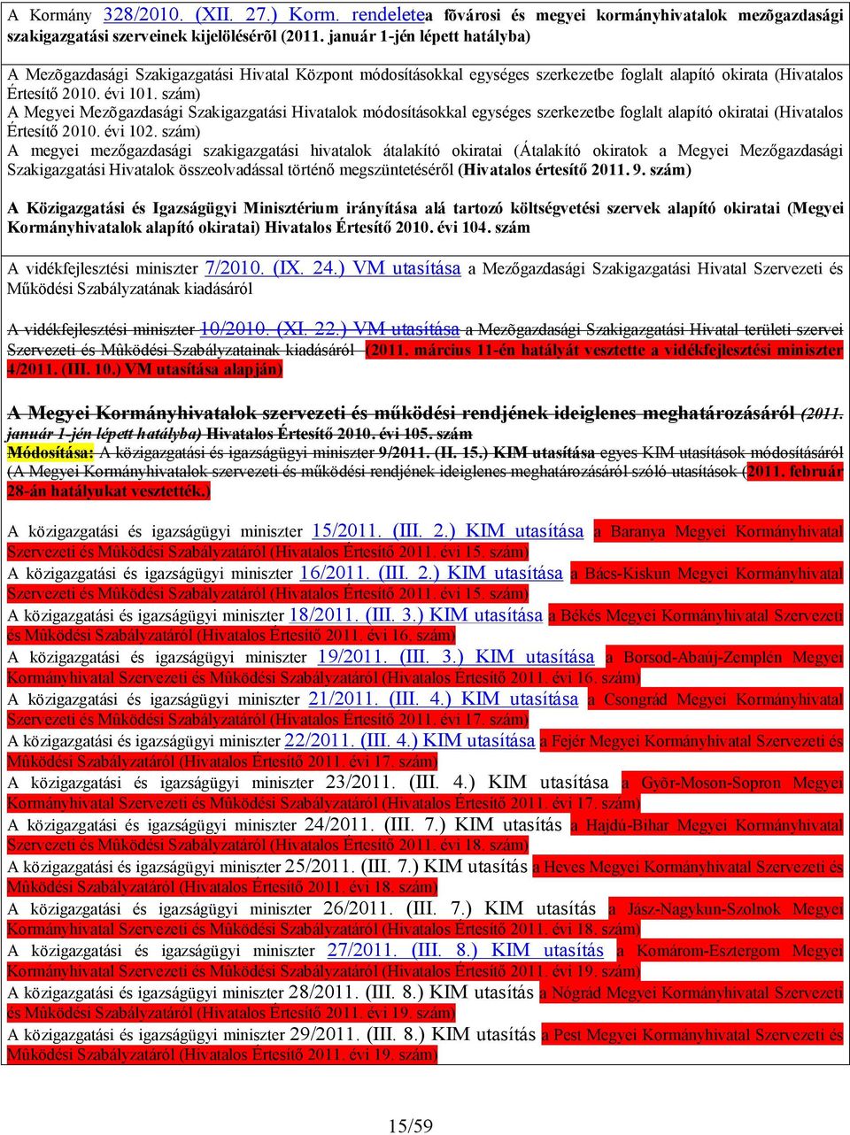 szám) A Megyei Mezõgazdasági Szakigazgatási Hivatalok módosításokkal egységes szerkezetbe foglalt alapító okiratai (Hivatalos Értesítő 2010. évi 102.