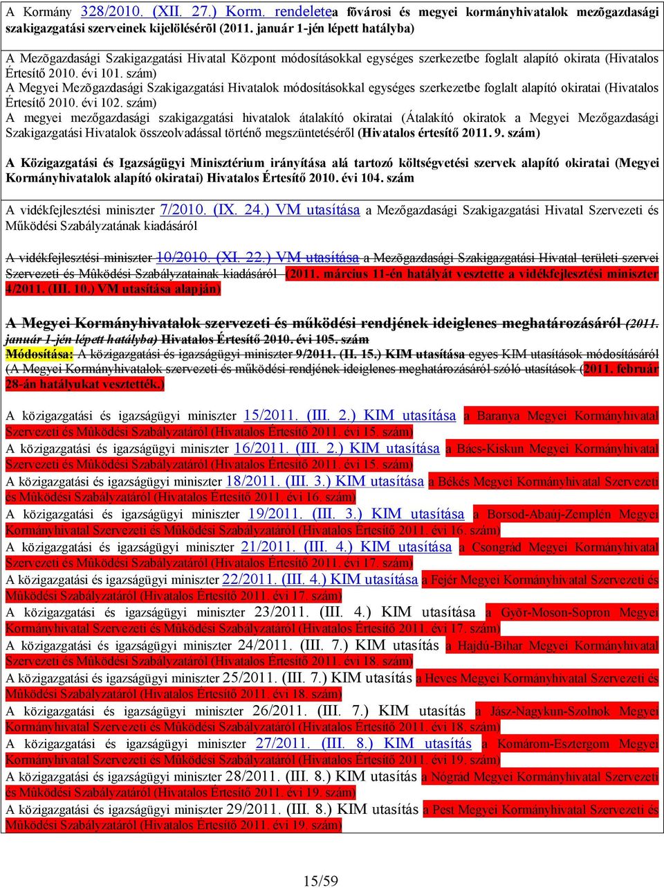 szám) A Megyei Mezõgazdasági Szakigazgatási Hivatalok módosításokkal egységes szerkezetbe foglalt alapító okiratai (Hivatalos Értesítő 2010. évi 102.
