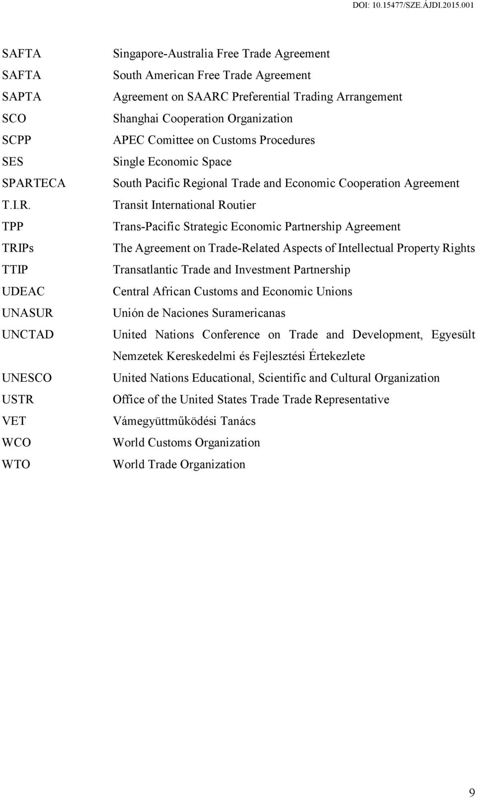 TPP TRIPs TTIP UDEAC UNASUR UNCTAD UNESCO USTR VET WCO WTO Singapore-Australia Free Trade Agreement South American Free Trade Agreement Agreement on SAARC Preferential Trading Arrangement Shanghai