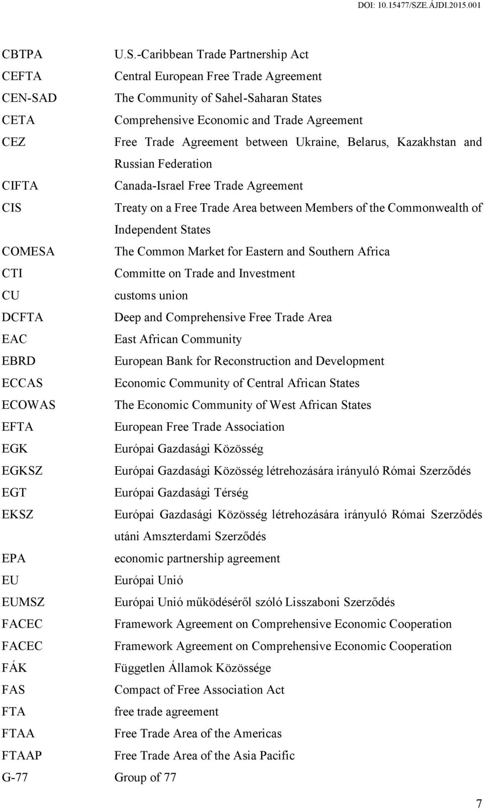 between Ukraine, Belarus, Kazakhstan and Russian Federation CIFTA Canada-Israel Free Trade Agreement CIS Treaty on a Free Trade Area between Members of the Commonwealth of Independent States COMESA