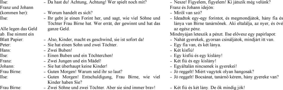 Also, Kinder, macht es geschwind, sie ist sofort da! Sie hat einen Sohn und zwei Töchter. Zwei Buben! Einen Buben und ein Töchterchen! Zwei Jungen und ein Mädel! Sie hat überhaupt keine Kinder!