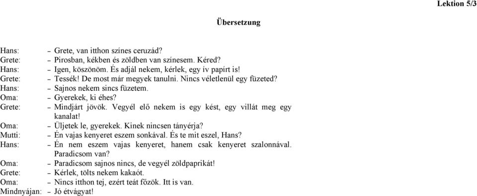 Vegyél elő nekem is egy kést, egy villát meg egy kanalat! Üljetek le, gyerekek. Kinek nincsen tányérja? Én vajas kenyeret eszem sonkával. És te mit eszel, Hans?