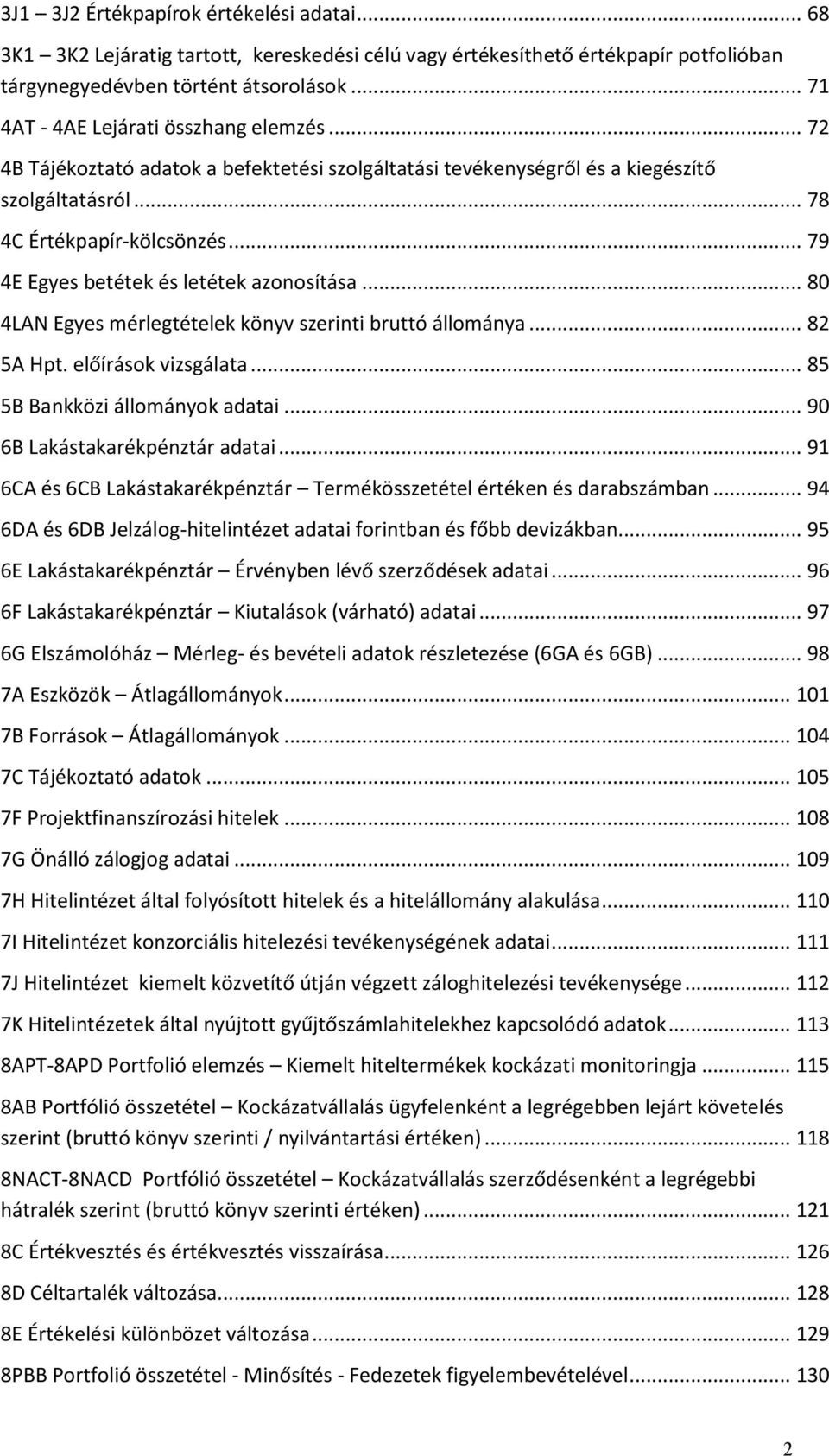 .. 79 4E Egyes betétek és letétek azonosítása... 80 4LAN Egyes mérlegtételek könyv szerinti bruttó állománya... 82 5A Hpt. előírások vizsgálata... 85 5B Bankközi állományok adatai.