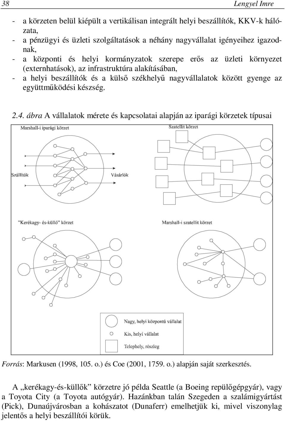 készség. 2.4. ábra A vállalatok mérete és kapcsolatai alapján az iparági körzetek típusai Forrás: Markusen (1998, 105. o.) és Coe (2001, 1759. o.) alapján saját szerkesztés.