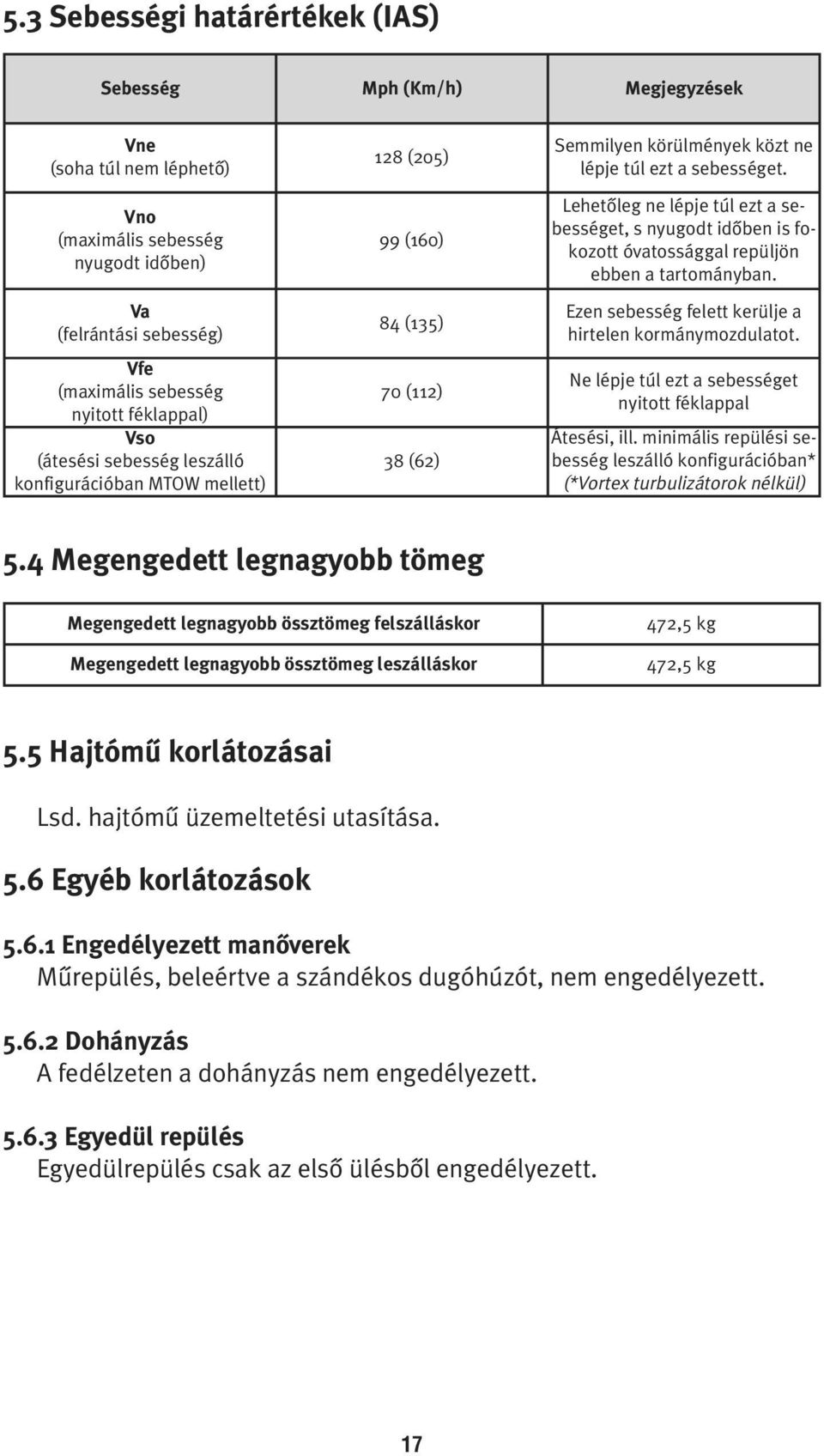 Lehetôleg ne lépje túl ezt a sebességet, s nyugodt idôben is fokozott óvatossággal repüljön ebben a tartományban. Ezen sebesség felett kerülje a hirtelen kormánymozdulatot.