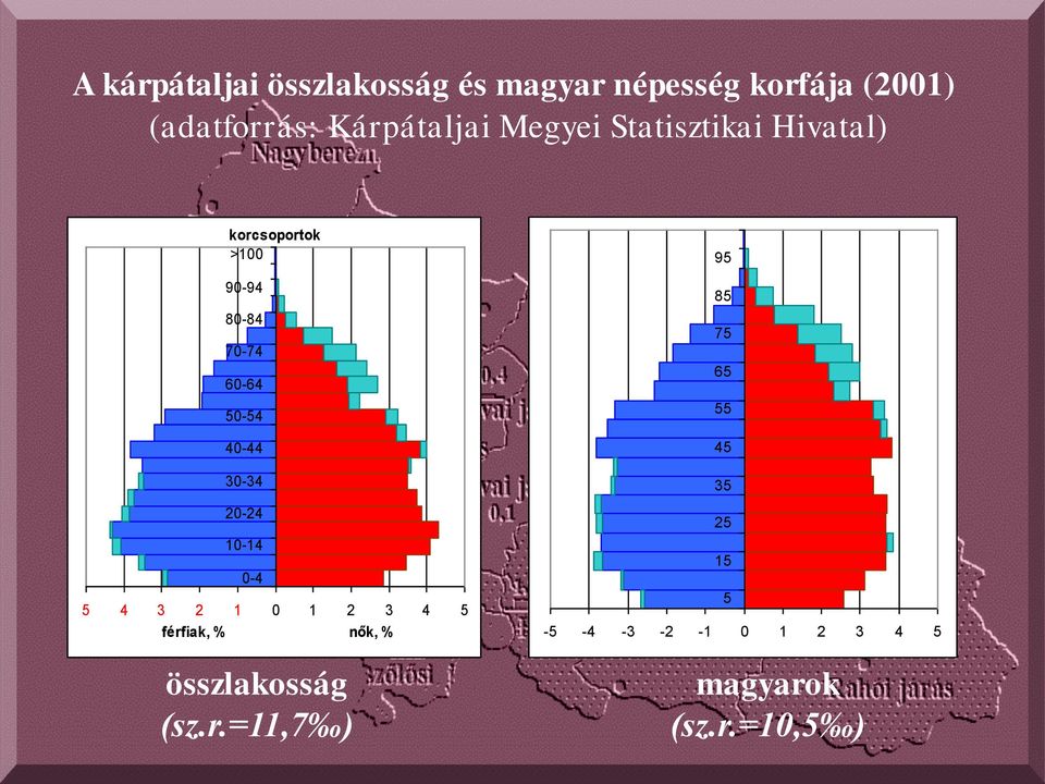 50-54 40-44 30-34 20-24 10-14 0-4 5 4 3 2 1 0 1 2 3 4 5 férfiak, % nők, %