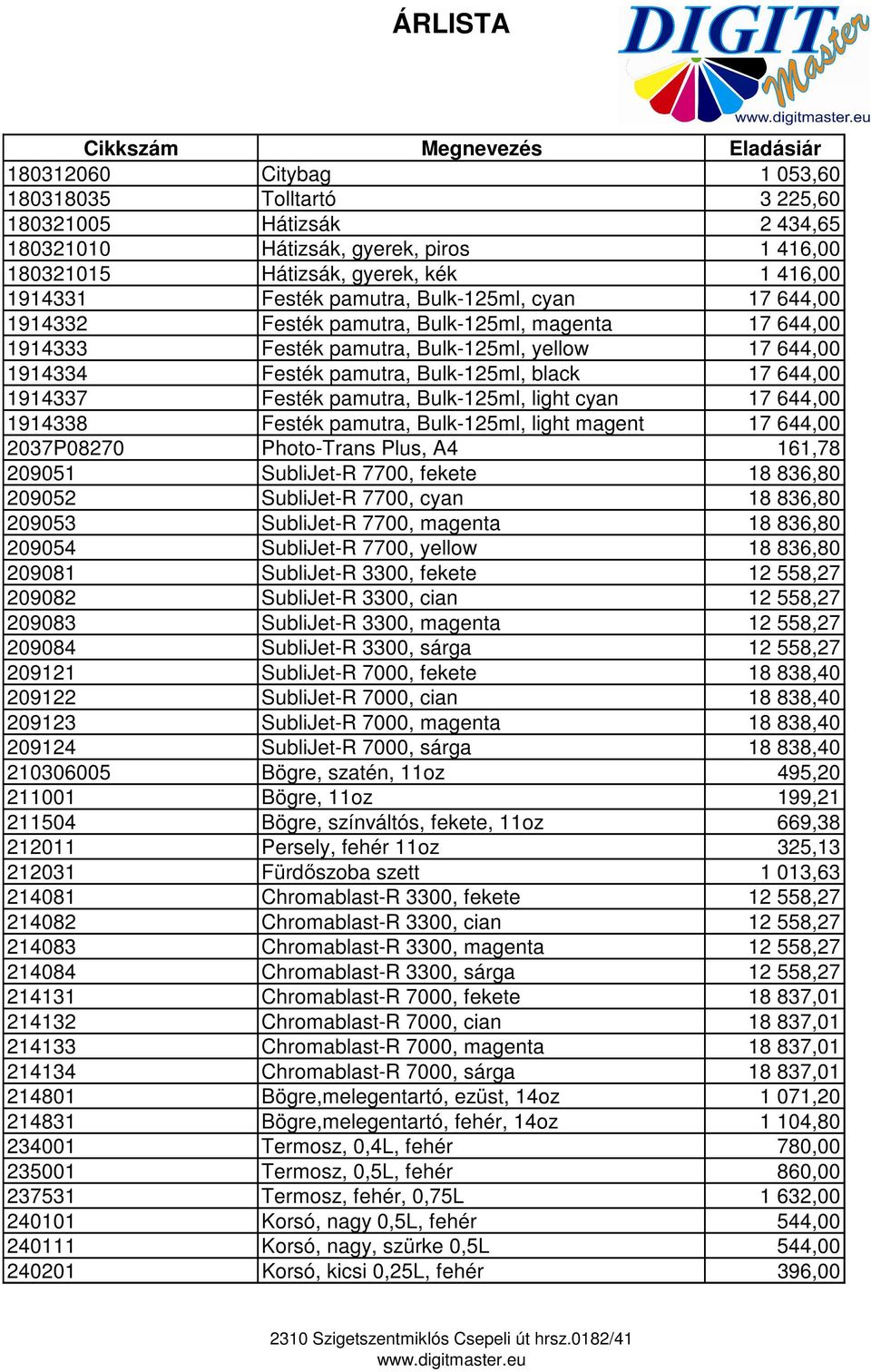 Festék pamutra, Bulk-125ml, light cyan 17 644,00 1914338 Festék pamutra, Bulk-125ml, light magent 17 644,00 2037P08270 Photo-Trans Plus, A4 161,78 209051 SubliJet-R 7700, fekete 18 836,80 209052