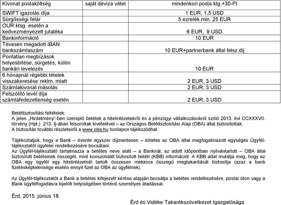 reklm. miatt Számlakivonat másolás Felszólító levél díja számlafedezetlenség esetén 1 EUR, 1,5 USD 5 ezrelék min. 25 EUR 6 EUR, 9 USD 10 EUR 10 EUR+partnerbank által felsz.