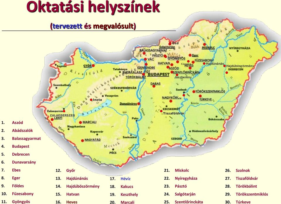 Szolnok 8. Eger 13. Hajdúnánás 17. Hévíz 22. Nyíregyháza 27. Tiszaföldvár 9. Földes 14. Hajdúböszörmény 18. Kakucs 23. Pásztó 28.