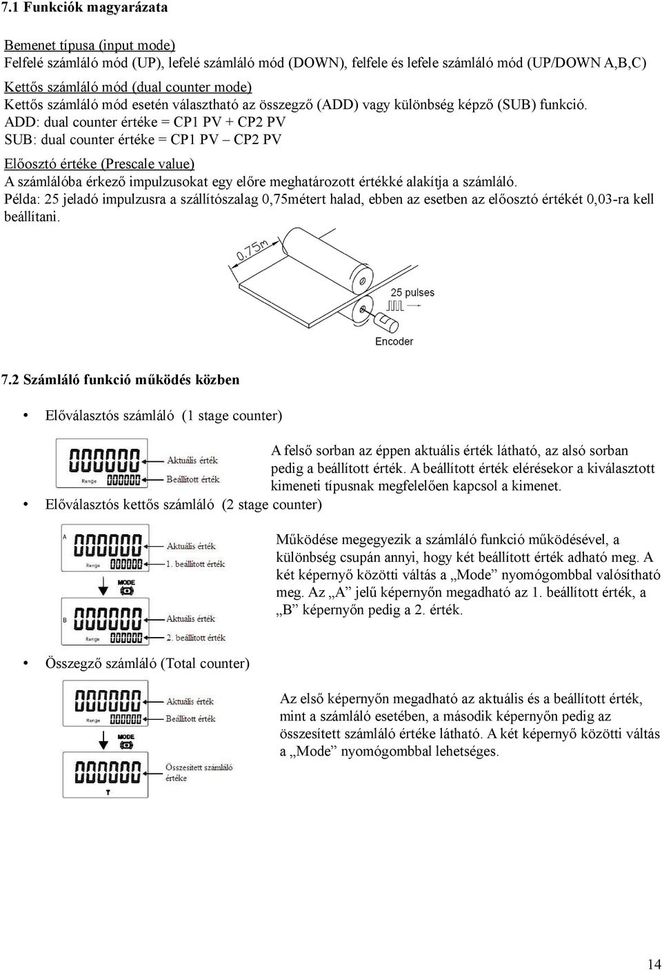 ADD: dual counter értéke = CP1 PV + CP2 PV SUB: dual counter értéke = CP1 PV CP2 PV Előosztó értéke (Prescale value) A számlálóba érkező impulzusokat egy előre meghatározott értékké alakítja a