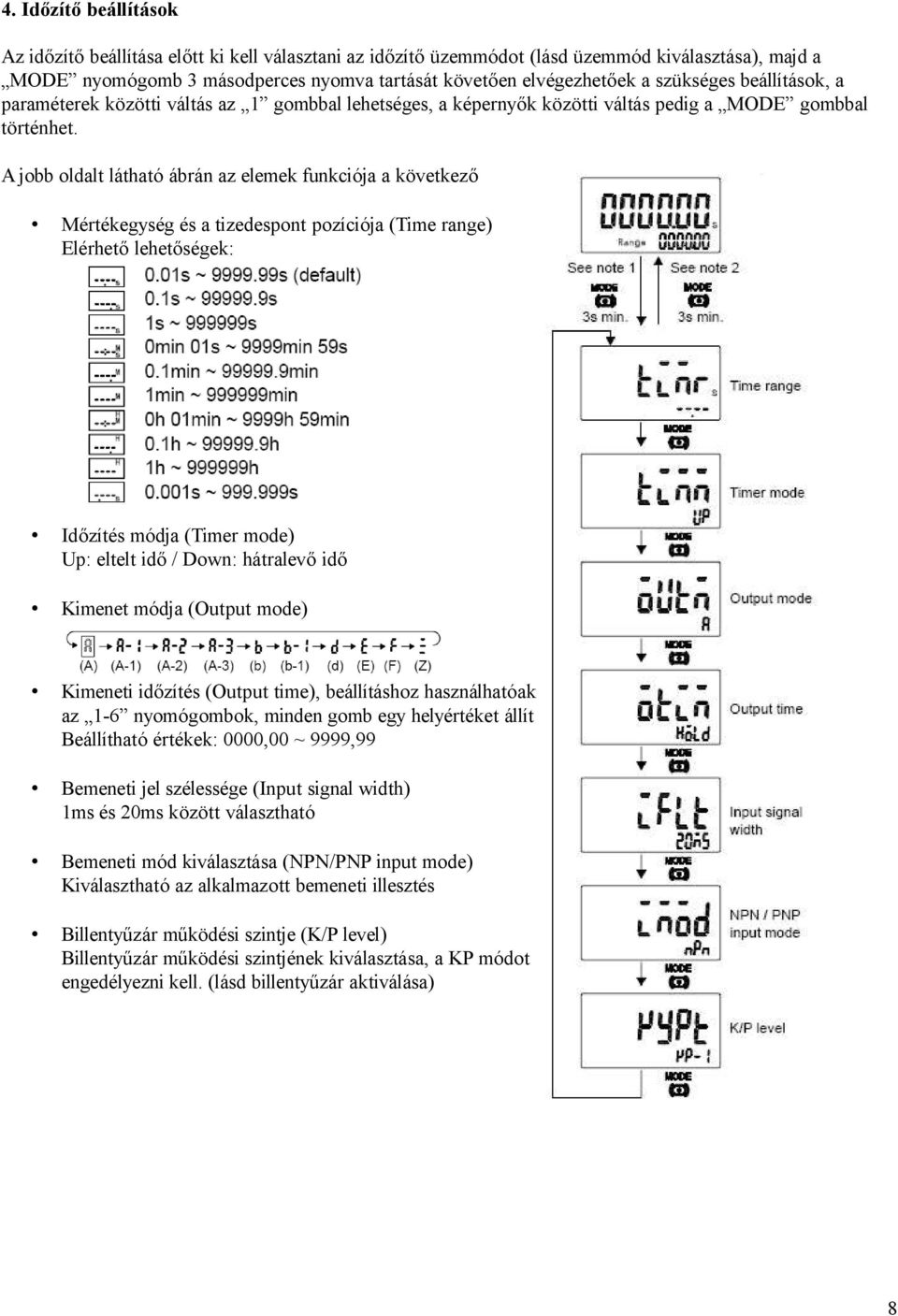 A jobb oldalt látható ábrán az elemek funkciója a következő Mértékegység és a tizedespont pozíciója (Time range) Elérhető lehetőségek: Időzítés módja (Timer mode) Up: eltelt idő / Down: hátralevő idő