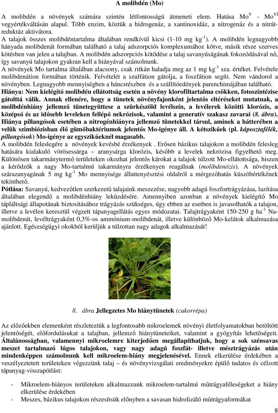 A molibdén legnagyobb hányada molibdenát formában található a talaj adszorpciós komplexumához kötve, másik része szerves kötésben van jelen a talajban.