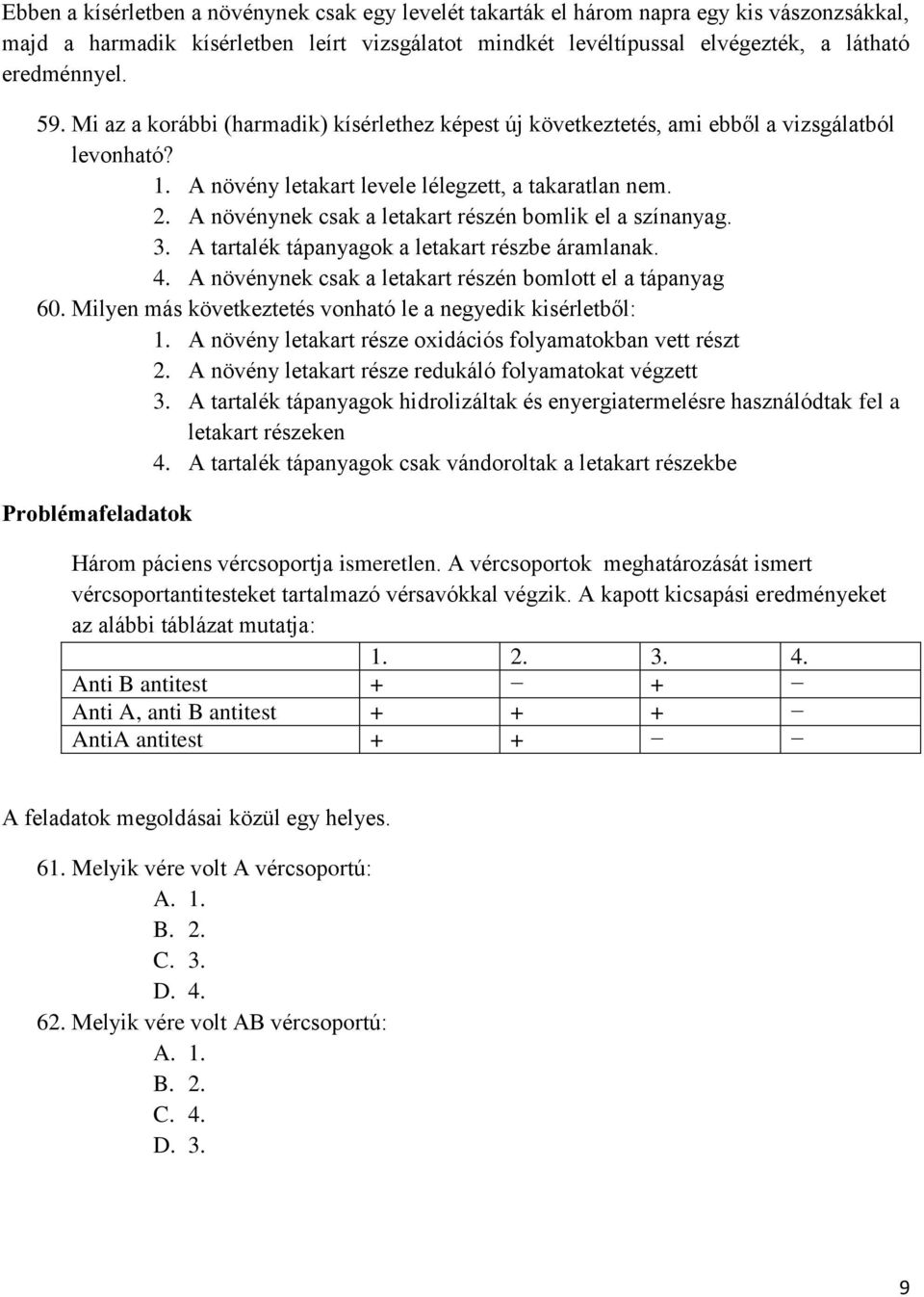 A növénynek csak a letakart részén bomlik el a színanyag. 3. A tartalék tápanyagok a letakart részbe áramlanak. 4. A növénynek csak a letakart részén bomlott el a tápanyag 60.