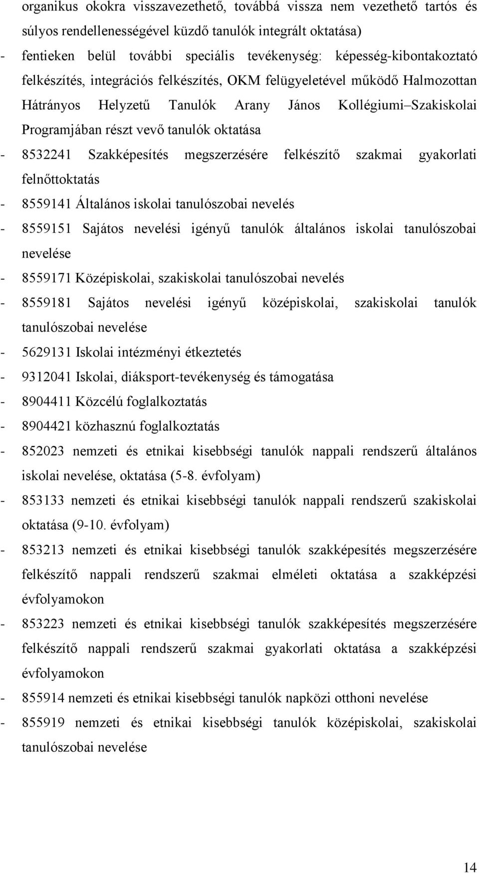 oktatása - 8532241 Szakképesítés megszerzésére felkészítő szakmai gyakorlati felnőttoktatás - 8559141 Általános iskolai tanulószobai nevelés - 8559151 Sajátos nevelési igényű tanulók általános