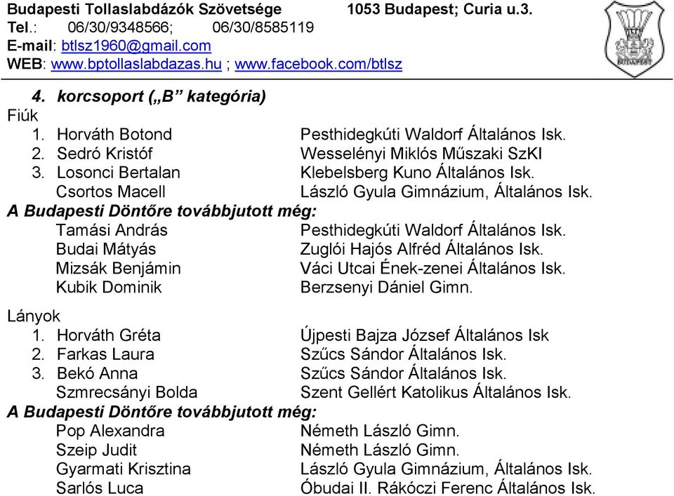 Mizsák Benjámin Váci Utcai Ének-zenei Általános Isk. Kubik Dominik Berzsenyi Dániel Gimn. 1. Horváth Gréta Újpesti Bajza József Általános Isk 2.