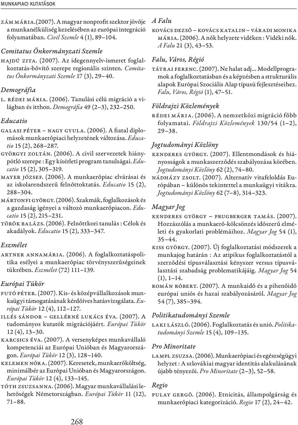 (2006). Tanulási célú migráció a világban és itthon. Demográfia 49 (2 3), 232 250. Educatio Galasi Péter Nagy Gyula. (2006). A fiatal diplomások munkaerőpiaci helyzetének változása.