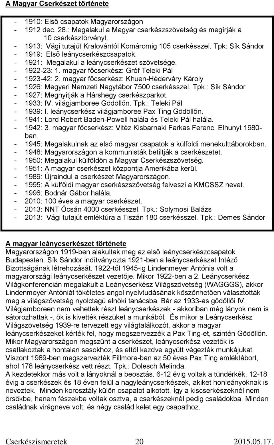 magyar főcserkész: Gróf Teleki Pál - 1923-42: 2. magyar főcserkész: Khuen-Héderváry Károly - 1926: Megyeri Nemzeti Nagytábor 7500 cserkésszel. Tpk.