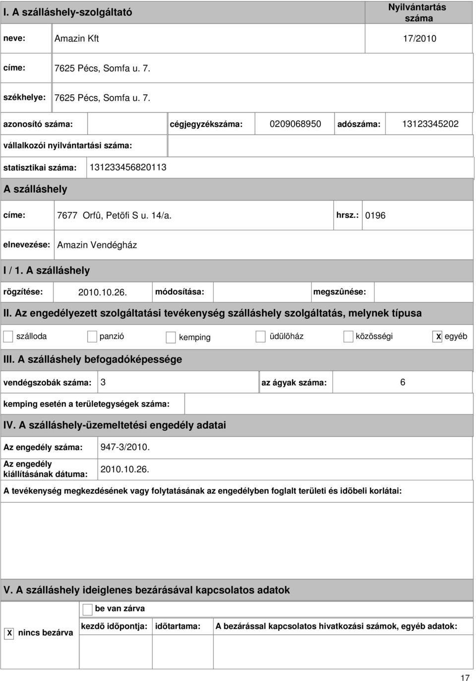 76 cégjegyzék: 0209068950 adó: 13123345202 vállalkozói nyilvántartási : statisztikai : 131233456820113 címe: 7677 Orfû, Petõfi S u.