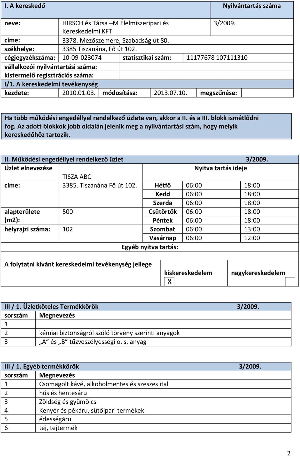 Működési engedéllyel rendelkező üzlet 3/2009. TISZA ABC címe: 3385. Tiszanána Fő út 102.