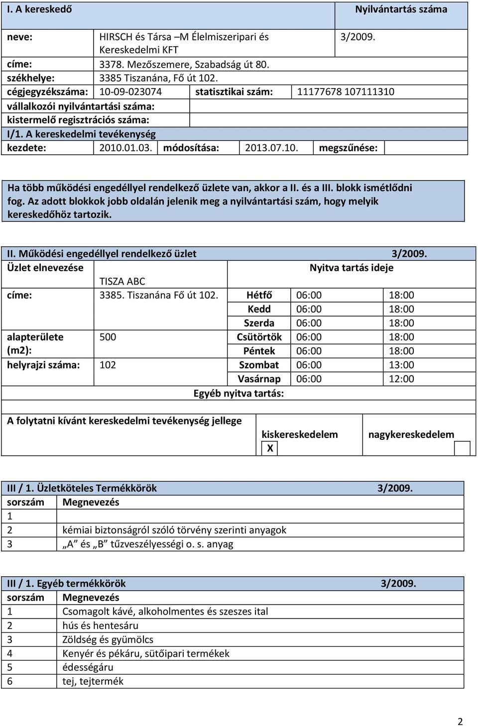 Működési engedéllyel rendelkező üzlet 3/2009. TISZA ABC címe: 3385. Tiszanána Fő út 102.